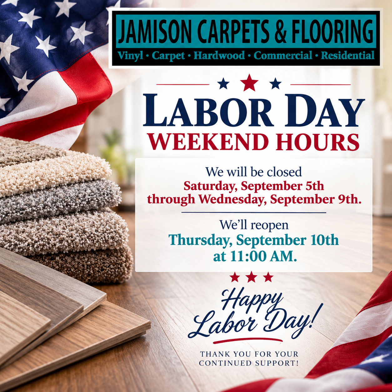 Jamison Carpets Patriotic Labor Day Flooring Closure Flyer